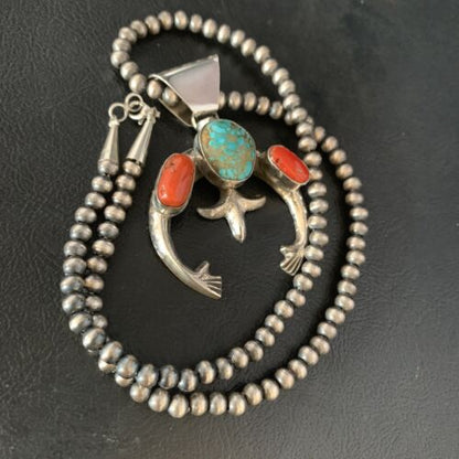 Navajo Pearl Necklace with Royston Turquoise & Coral Naja Pendant | Sterling Silver | 13644