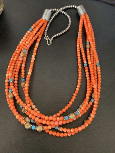 Navajo Pink Coral 5-Strand Turquoise Bead Necklace | Sterling Silver | 25" | Authentic Native American Handmade | 12510