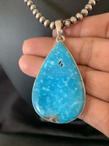 Navajo Pearls Blue Kingman Turquoise Necklace Pendant | Sterling Silver | Authentic Native American Handmade | 11810