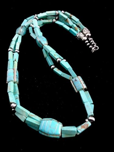 Navajo Blue Turquoise Sterling Silver Necklace | Inlay Pendant 24" | Native American Southwestern | 3360