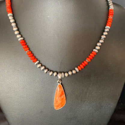 Navajo Red Apple Coral Necklace Pendant Naja | Sterling Silver | Authentic Native American Handmade | 13933