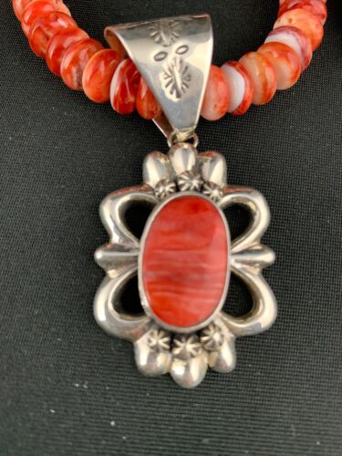 Navajo Red Spiny Oyster Pendant Necklace | Sterling Silver | Authentic Native American Handmade | 4783