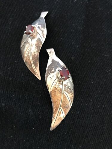 Handmade Feather Garnet Earrings | Old Pawn Sterling Silver | 2" | 13064 - Masha USA