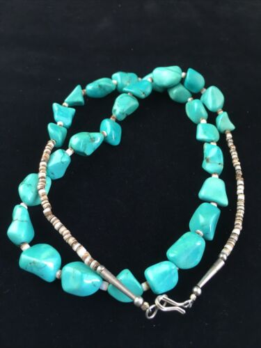 Navajo Blue Nugget Turquoise Heishi Necklace | Sterling Silver | 22" | Authentic Native American Handmade | 10064