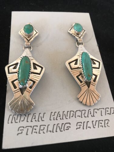 Hopi Turquoise Drop Dangle Earrings | Vintage Old Pawn Sterling Silver | Authentic Native American Handmade | 1123