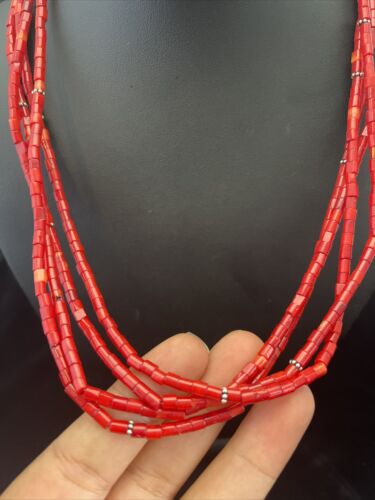 Native American Red Stabilized Coral Tubes Necklace | Sterling Silver | 18" | 1749