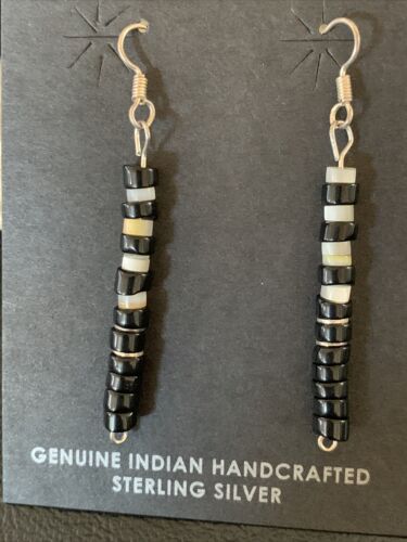 Navajo Black Onyx White Mother of Pearl Earrings | Sterling Silver | 1.5" | Authentic Native American Handmade | 13056