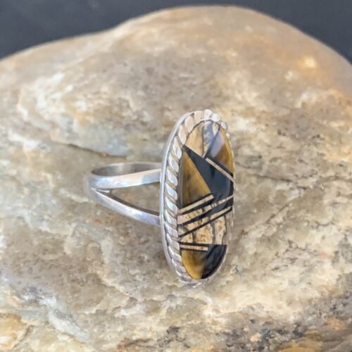 Navajo Black Onyx Coffee Tigers Eye Inlay Ring | Sterling Silver | Sz 8.5 | 10733