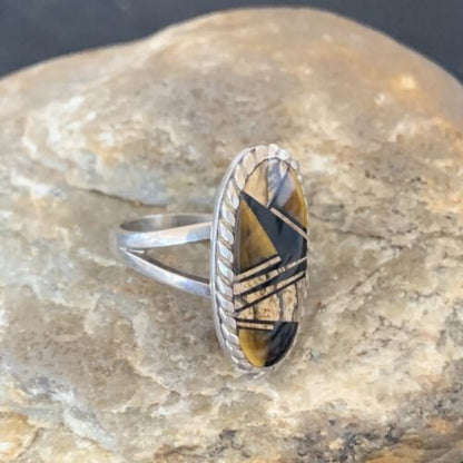 Navajo Black Onyx Coffee Tigers Eye Inlay Ring | Sterling Silver | Sz 8.5 | 10733