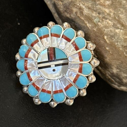Navajo Zuni Sun Face Ring | Sterling Silver Turquoise Onyx Mother of Pearl Inlay | Sz 8 | 14451