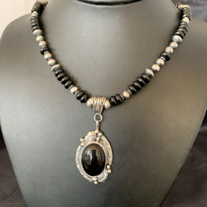 Native American Men's Navajo Pearl Necklace Pendant | Sterling Silver Black Onyx | 10805