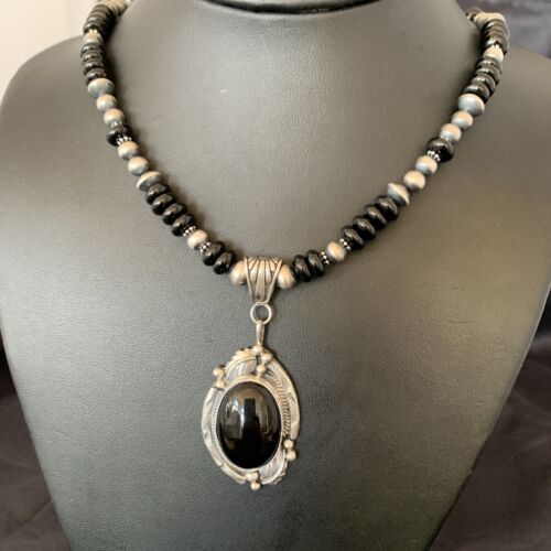 Native American Men's Navajo Pearl Necklace Pendant | Sterling Silver Black Onyx | 10805