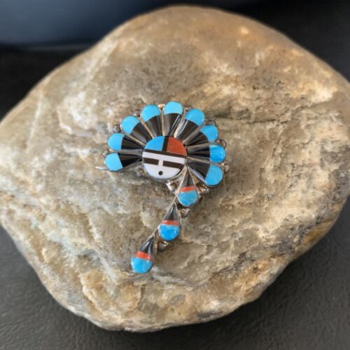 Zuni Turquoise Mother of Pearl Onyx Inlay Sun Face Necklace Pin Pendant | Sterling Silver | 1679