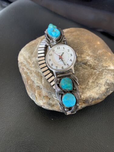 Navajo Women's Sterling Silver Watch Tips with Blue Turquoise Band | Authentic Native American Jewelry | Old Pawn | 12140