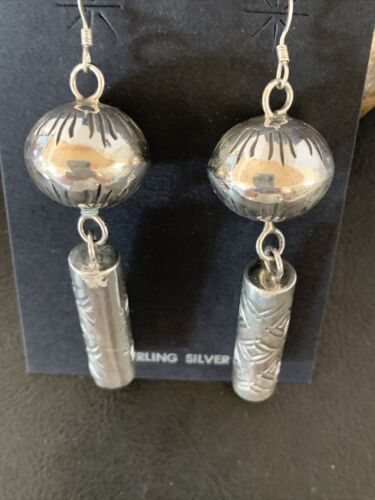 Navajo Sterling Silver Bead Earrings | Handmade Native American Pearls | 2.75" | 1519