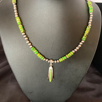 Navajo Green Gaspeite Turquoise Inlay Pendant | Sterling Silver | Authentic Native American Handmade | 13268