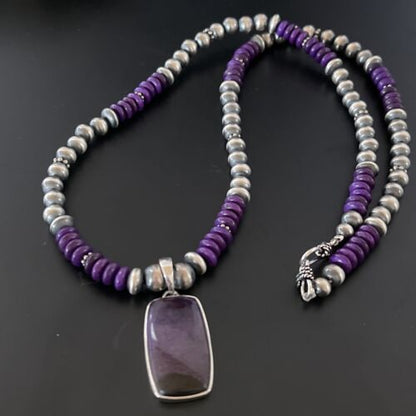 Navajo Pearls Necklace with Purple Sugilite Pendant | Sterling Silver | Authentic Native American Handmade | 11337