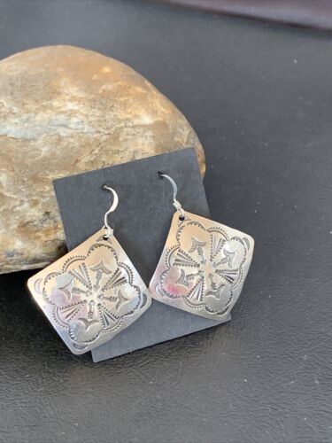Native American Women's Dangle Earrings | Navajo Sterling Silver Stamped Handmade | 1656