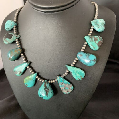 Southwestern Navajo Pearls Necklace | Sterling Silver | Blue Turquoise Teardrop | 13156