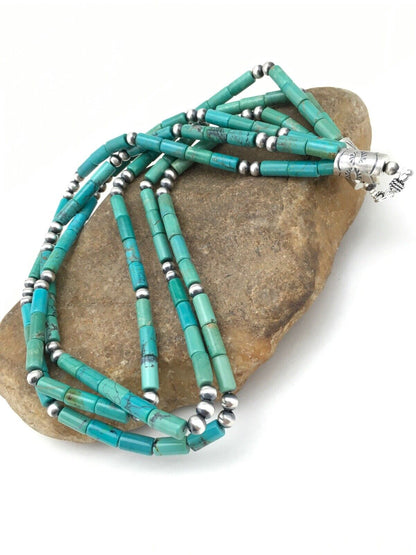 Navajo Turquoise Tube Bead Necklace | 3 Strand | Sterling Silver | 22" | Authentic Native American Handmade | 4790