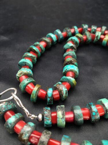 Turquoise Heishi 10mm Bamboo Coral Necklace | Navajo Sterling Silver | Native American Handmade | 20" |