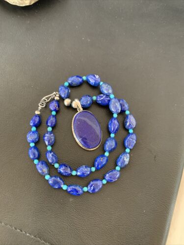 Navajo Blue Lapis Turquoise Pendant Necklace | Sterling Silver | 20" | Authentic Native American Handmade | 10522