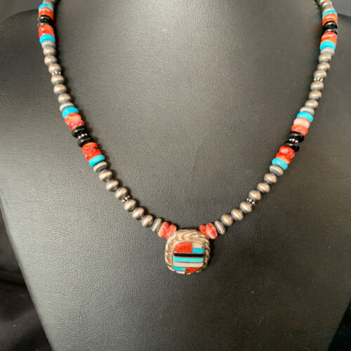 Authentic Navajo Sterling Silver Necklace | Turquoise & Onyx Multi-Color Inlay Pendant | Native American Jewelry | 13558