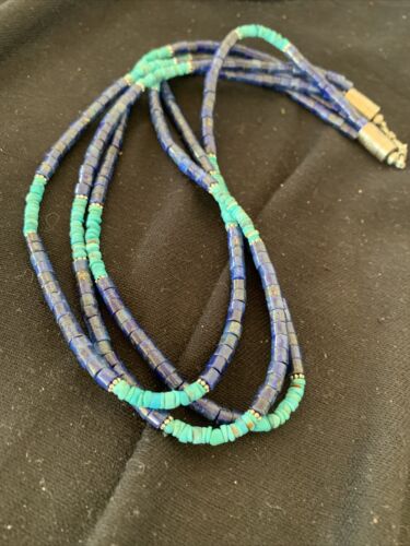 Navajo Lapis & Turquoise 3 Strand Necklace | Sterling Silver | 21" | Authentic Native American Handmade | 01011