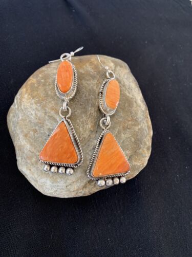 Navajo Orange Spiny Oyster Dangle Earrings | Sterling Silver | Authentic Native American Handmade | 199