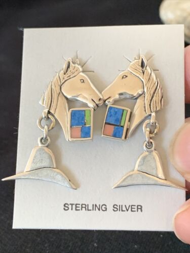 Native American Navajo Blue Lapis & Pink Opal Sterling Silver Horse Inlay Earrings 1" | 1513