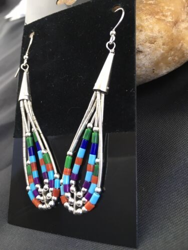 Handmade Liquid Silver Heishi Dangle Earrings | Turquoise Coral | Sterling Silver | 2" | 2009