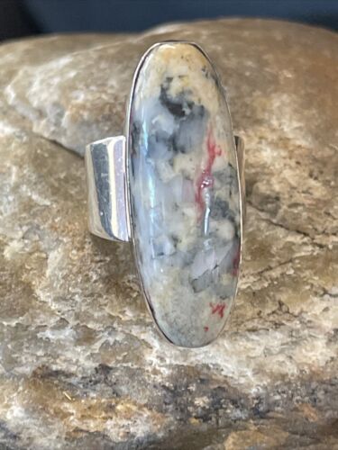 Native American Men's Cinnabrite Ring | White Black | Sterling Silver Handmade | Sz 7 | 01567