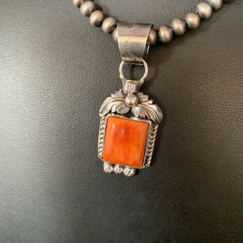 Navajo Red Spiny Oyster Square Pendant Necklace | Sterling Silver | Authentic Native American Handmade | 13636