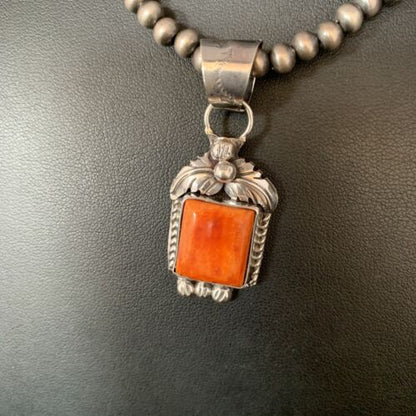 Navajo Red Spiny Oyster Square Pendant Necklace | Sterling Silver | Authentic Native American Handmade | 13636