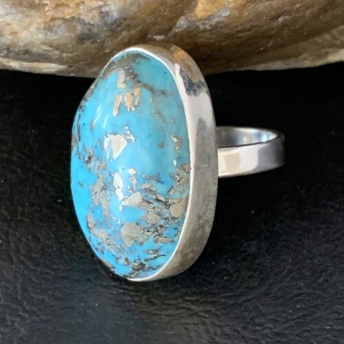 Navajo Blue Turquoise Adjustable Ring | Sterling Silver | Sz 8.5 | Authentic Native American Handmade | 14035