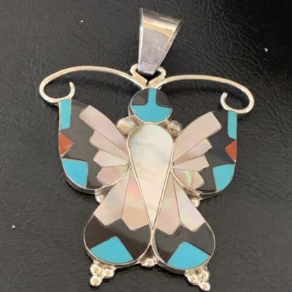 Zuni Blue Turquoise Coral Butterfly  Inlay Pendant | Sterling Silver Necklace | Authentic Native American Handmade | 11966