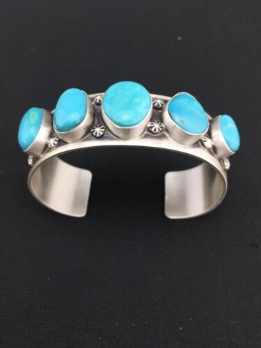 Navajo Men's Sterling Kingman Turquoise Bracelet | 5 Stone | Authentic Native American Handmade | 1304
