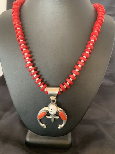 Navajo White Buffalo Turquoise Coral Naja Pendant | Sterling Silver | Authentic Native American Handmade | 10519
