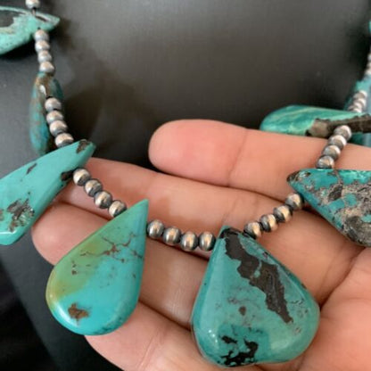 Southwestern Navajo Pearls Necklace | Sterling Silver | Blue Turquoise Teardrop | 13156
