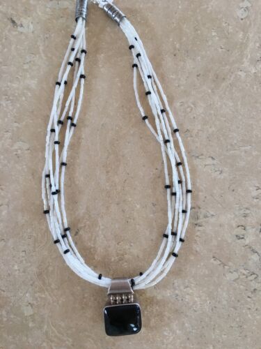 Southwestern White Bamboo Coral Onyx Necklace | Multi-Strand Pendant Navajo  | 8144
