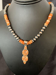 Navajo Pearls Sterling Silver Necklace | Orange Spiny Oyster Inlay Pendant | Authentic Native American Handmade | 11314