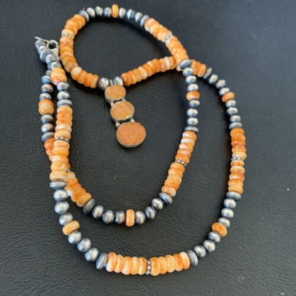 Navajo Pearls Necklace with Orange Spiny Oyster Pendant | Authentic Native American Sterling Silver | Multi-Stone | 12370