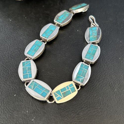 Men's Sterling Silver Navajo Turquoise Inlay Link Bracelet | 8.5" | Authentic Native American Handmade | 14659