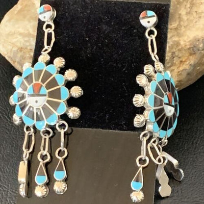 Zuni Sun Face Dangle Earrings | Kingman Turquoise & Black Onyx | Sterling Silver | 12127