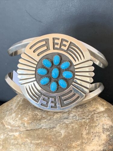 Navajo Sterling Silver Kingman Turquoise Cuff Bracelet | Men's Cluster | Blue | 1651