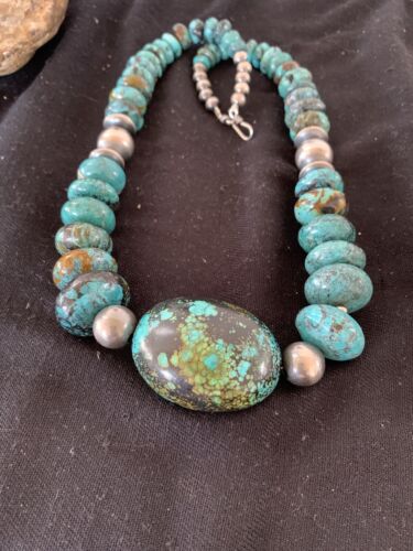 Navajo Pearl Graduated Sterling Silver Natural Blue Turquoise Necklace | Authentic Native American | 22" | 00706