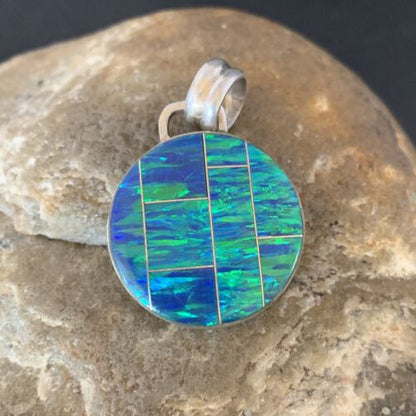 Authentic Native American Navajo Sterling Silver Blue Fire Opal Inlay Pendant | Handmade Jewelry | 13143