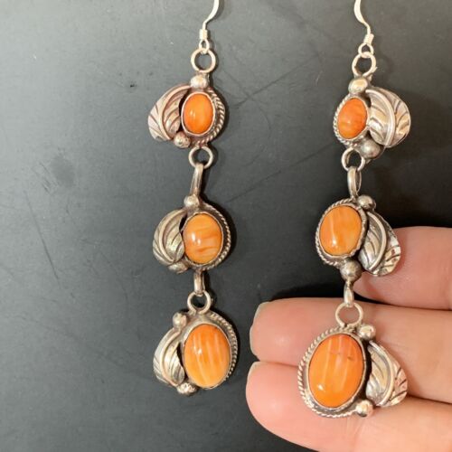 Navajo Orange Spiny Oyster Dangle Earrings | Sterling Silver | Authentic Native American Handmade | 1226