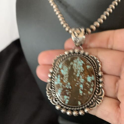 Navajo Pearls Sterling Silver Necklace with Blue Turquoise #8 Pendant | Authentic Native American Handmade | 11297