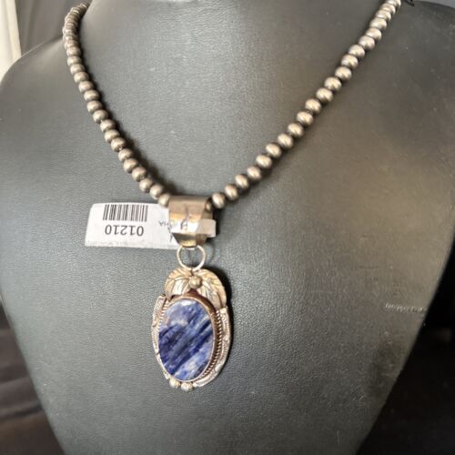 Navajo Denim Lapis Pendant Necklace | Sterling Silver Beads | Authentic Native American Handmade | 1210 - Masha USA